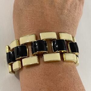 bracelet costume jewelry 1980s black cream enamel chunky link gold tone